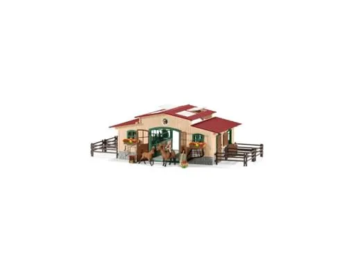 schleich 42195 FARM WORLD Stall mit Pferden und Zubehör, 96 Teile Pferdestall Spielset mit 2x schleich Pferde Figuren, 1x Reiterin-Figur & viel Zubehör, Spielzeug für Kinder ab 3 Jahren