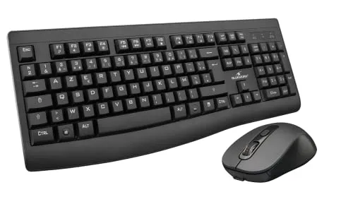 BlueStork - Wiederaufladbare kabellose Maus-Tastatur, 12 Tasten, Multimedia, ergonomische Maus, kabellos, 1600 DPI, ergonomisches Design, 90 Stunden Akkulaufzeit, kompatibel mit Windows – AZERTY