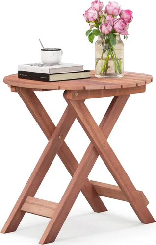 COSTWAY Beistelltisch mit Lamellen-Tischplatte, Gartentisch rund, Kaffeetisch Akazienholz 46x46x45cm