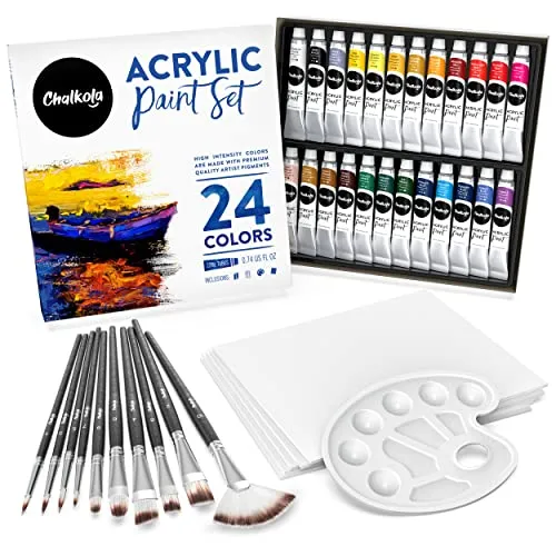 Chalkola Acrylfarben set zum Bemalen | 24x22ml Acrylfarbe mit 5 Leinwand, 10 Pinseln | Acryl farben für Leinwand Holz | Wasserfeste Acrylic paint set mit leuchtenden Farbe für kinder, Profis, Anfänger