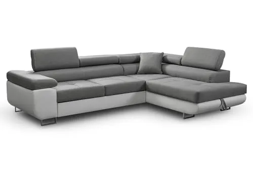 Aller L-Ecksofa 275x202 cm mit Schlaffunktion, Hellgrau/Weiß - Ecksofa mit Schlaffunktion und Bettkasten – ideal für moderne Wohnzimmer. Verwandeln Sie es mühelos in eine Liegefläche von 130 x 193 cm und nutzen Sie den integrierten Stauraum für Decken und Kissen.