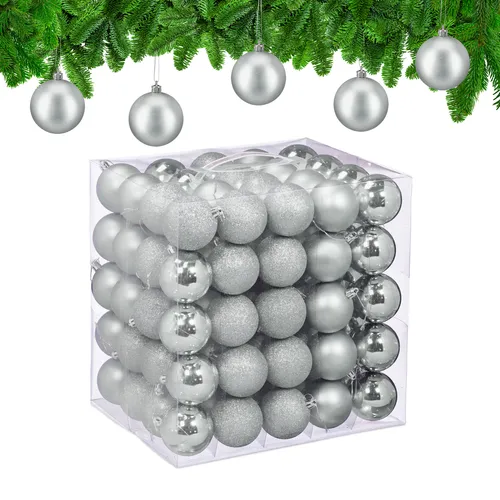 relaxdays Weihnachtsbaumkugel 100er Set, silber - Weihnachtskugeln im 100er Set mit 3 verschiedenen Designs für einen prachtvollen Tannenbaum. Bruchsicherer Kunststoff und einfache Aufhängung sorgen für stimmungsvolle Festtage.