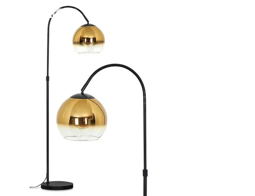 Hofstein Stehlampe aus Metall/Glas in Schwarz/Gold - Moderne Retro Stehlampe für den Innenbereich mit dreh- und schwenkbarem Glasschirm, ideal für Wohnzimmer, Esszimmer und Flur. Fußschalter für einfachen Zugang.