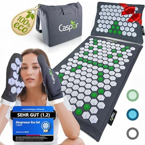 Akupressurmatte Set - Kissen, Handschuhe & Tasche 100% Leinen, Kokosfaser, Buchweizenschalen Schmerzlinderung Rücken & Entspannung - Caspor®