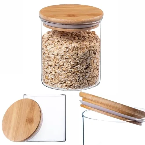 KADAX Glasbehälter mit Bambusdeckel, Spülmaschinenfeste Vorratsgläser, Luft-dichte Vorratsdosen, Aufbewahrungsglas, Aufbewahrungsbox für Spaghetti, Mehl, Müsli oder Kaffee (Rund 800 ml)