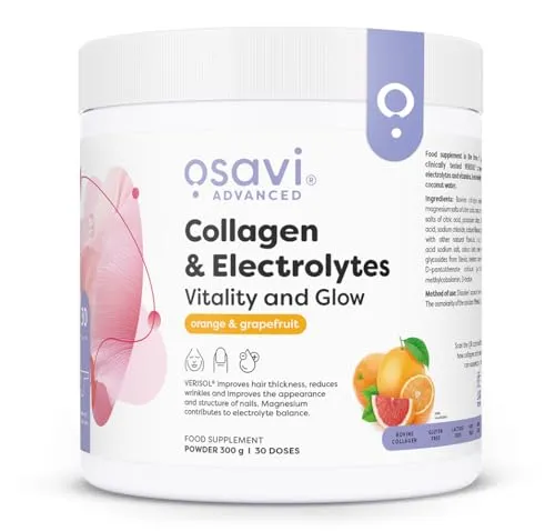 Osavi Kollagen & Elektrolyte Vitalität & Glanz, 300 g Pulver, Orange-Grapefruit, VERISOL Kollagenpeptide, Hyaluronsäure, Kokoswasser und Aquamin Mg, 5 Elektrolyte mit Vitaminen, Erfrischend