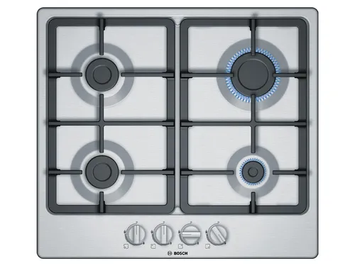 Bosch PGP6B5B90 Edelstahl Gaskochfeld - Kochfeld mit 60 cm Breite, 1-Hand-Zündung und thermoelectric Zündsicherung für maximale Sicherheit. Ideal für umweltbewusste Köche, da biomethan-gas geeignet.
