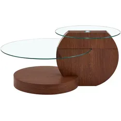 Modfu Couchtisch aus Walnuss und Glas, 90x44x90 cm - Moderner Couchtisch mit eleganter Walnuss-Optik und transparenter Sicherheitsglasplatte. Bietet praktische Ablageflächen und passt perfekt in jedes Wohnzimmer.