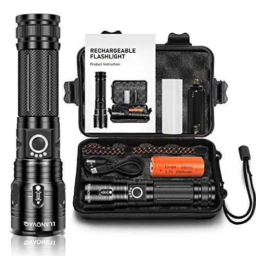LUXNOVAQ Taschenlampe Led Aufladbar 200000 Lumen, Led Taschenlampe Extrem Hell, XHP70 Wasserdicht taktische taschenlampe Batterie Betrieben, 5 Lichtmodi taschenlampen für Camping Wandern Notfälle