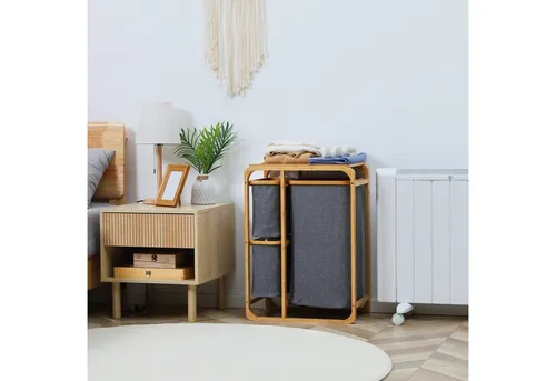 HOMCOM Wäschekorb mit Plattform - Wäschekorb aus Bambus mit 3 abnehmbaren Wäschesäcken, ideal für effizientes Wäschesortieren und stilvolle Aufbewahrung.