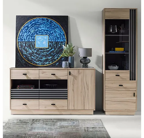 Lomadox Wohnzimmer-Set ANTIGUA-133 – Mega-Spar-Set 2-Stück - Elegantes Wohnzimmer-Set in Eiche mit anthrazitfarbenen Details, 230 cm breit. Ideal für stilvolle Wohnräume, bietet viel Stauraum und verleiht Ihrem Zuhause einen modernen Look.