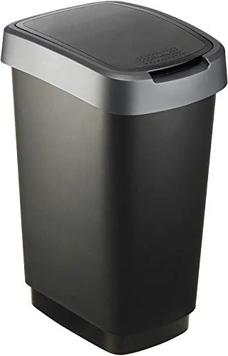Rotho Twist Mülleimer 25l mit Deckel, Kunststoff (PP) BPA-frei, schwarz/silber, 25l (33.3 x 25.2 x 47.6 cm)