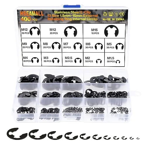 HSEAMALL Sicherungsring für externe E-Clip, 1,5 mm-15 mm, 13 Größen, einrastbar, 400 Stück