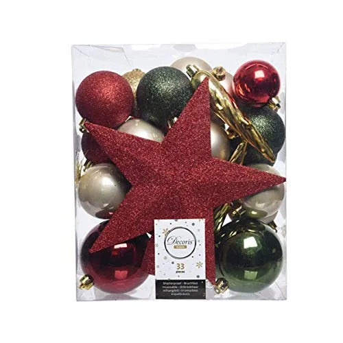 Decoris Box of 33 shatterproof Baubles Shiny/matt and Glitter red/Gold/Green/Pearl 8/6/5cm Assorted, Kunststoff, Mehrfarbig, 8cm