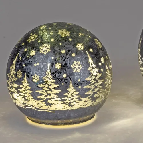 LED Deko Kugel FROSTY WINTERWALD grau zum stellen D. 10cm Glas Formano WA
