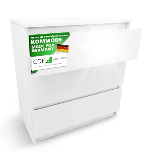 CDF Kommode Malwa M3 | Weiß glänzend | 3 geräumige Schubladen - Nachttisch aus hochwertigem Material mit minimalistischen Design und grifflosen Schubladenfronten - ideal für jedes Interieur.