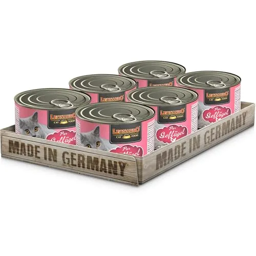 LEONARDO Nassfutter für Katzen, Geflügel pur, 6X 200g Dose, Katzenfutter getreidefrei, Alleinfutter, Made in Germany