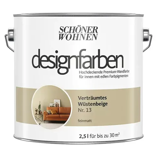 Designfarbe Gelb - Verträumtes Wüstengelb von Schöner Wohnen 2,5L - Farben für den Innenbereich, UV-beständig und farbecht. Ideal für alle Zimmer mit einer Abdeckung von 21-30 m². Schnelle Trocknung nach 6h.