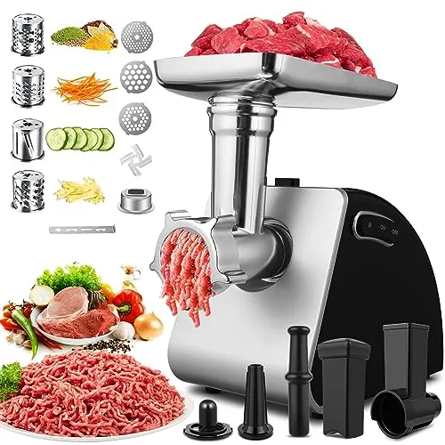 COOCHEER Elektrischer Fleischwolf 2000W, Wurstfüller Spritzgebäck Kibbe Set, 3 Lochscheiben für Fleisch & Gemüse