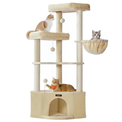 FEANDREA Kratzbaum für Raumecke mit Kuschelhöhle und stabilen Plattformen in Sandbeige - Dieser 140,7 cm hohe Katzenkratzbaum bietet hohen Komfort und Sicherheit für Ihre Katzen. Mit verstärktem Sockel und weichem Plüsch sorgt er für Spielspaß und Schutz Ihrer Möbel.