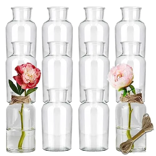 12x runde Mini Glasvasen 10cm inkl. Juteschnur Tischvasen Tischdekoration Väschen Set Deko Hochzeit Tisch Glasflasche Blumenvase