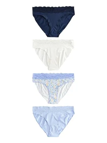 Next Slip Spitzenslips 4er-Pack - Hoher Beinschnitt in Blau - Funktionsunterwäsche aus 95% Baumwolle und 5% Elasthan für optimalen Komfort und perfekte Passform, ideal für den Alltag.
