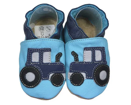 HOBEA-Germany Krabbelschuhe Traktor blau 18/19 - Krabbelschuhe für 6-12 Monate, handgefertigt in der EU, rutschfest und flexibel für gesunde Füße und sicheren Halt bei ersten Schritten.