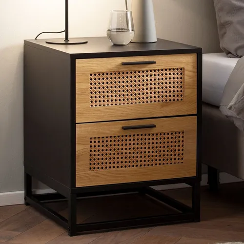 FineBuy Nachtkonsole Schwarz mit Wiener Geflecht 45x45x56 cm - Nachttisch mit zwei geräumigen Schubladen für optimalen Stauraum, ideal für Brille und Wecker – stilvolles Design für dein Schlafzimmer.