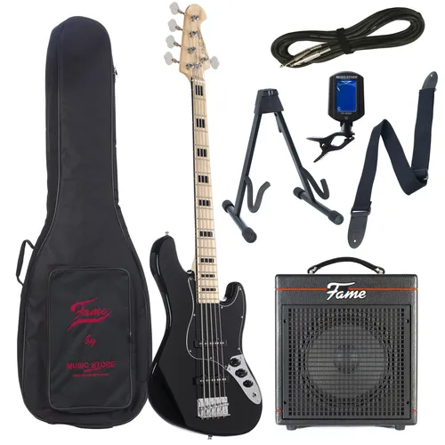 E Bass Anfänger Set J & D JB Vint 5-String BK + Gaia - Komplettes E-Bass Set mit 5-Saiten-Bass und 30W Combo-Verstärker. Ideal für Anfänger, inklusive Zubehör wie Gigbag und Stimmgerät. Hochwertige Verarbeitung und vielseitige Klangmöglichkeiten.