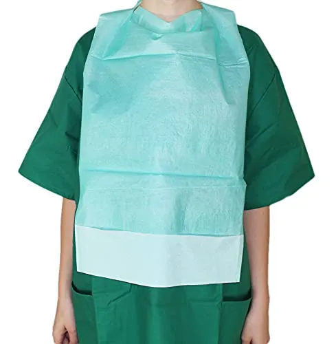 Medi-Inn+ Einmal-Esslätzchen 64 cm x 36 cm | 50 Stück - Alltagshilfen Kleidungsschutz: Praktisches Einmal-Esslätzchen mit PE-Beschichtung und Auffangtasche, ideal für Erwachsene, Senioren und Kinder in der Farbe grün.