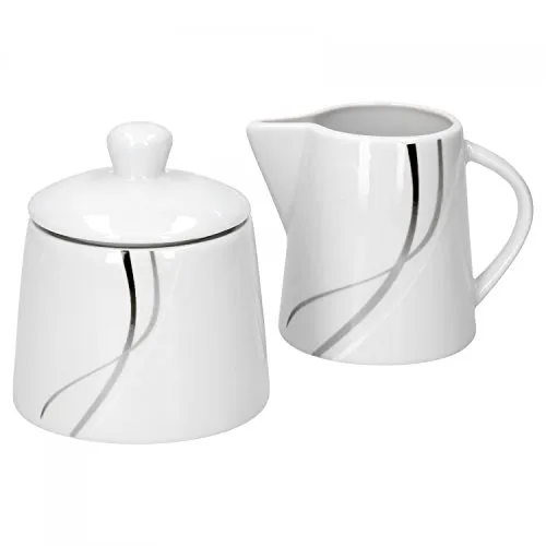 Van Well Zuckerdose + Milchkännchen-Set Silver Night, runder Zuckerspender mit Deckel + Milch-Gießer, Porzellan, abstraktes Dekor, Gastro-Geschirr