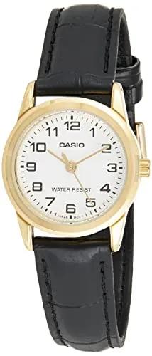 Casio Collection LTP-V001GL-7BUDF Damenuhr - Elegante Damenarmbanduhr mit goldfarbener Edelstahlbeschichtung und schwarzem Lederarmband. Quarzwerk und wasserdicht bis 3 ATM, ideal für stilbewusste Frauen.