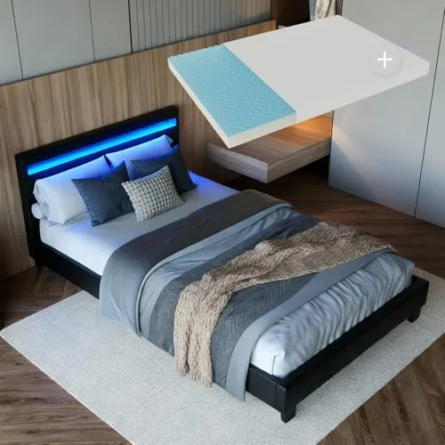 Juskys Polsterbett Verona 120x200 cm mit LED-Licht - Modernes Bett mit weichem Kopfteil und 16-farbigem LED-Licht, inklusive Kaltschaummatratze. Ideal für stilvolle Schlafzimmer.