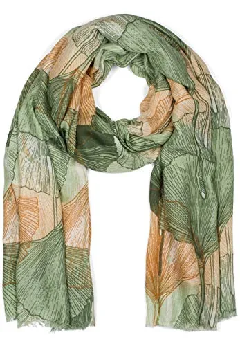styleBREAKER Damen Schal mit farbigem Ginkgo Leaves Blätter Muster Print und kurzen Fransen, leichtes Tuch, Stola 01016208, Farbe:Grün-Braun
