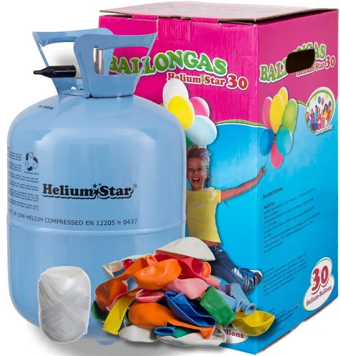 Luftballon Helium Set: 0,2m³ HeliumStar® Einwegflasche & 30 bunte Latexballons