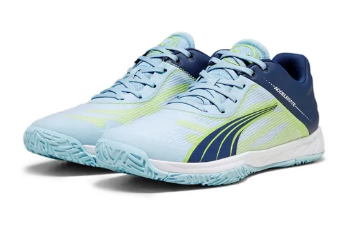 Puma Accelerate Turbo Hallenschuhe Herren Dunkelblau/Hellblau/Grün, Größe 41 (8,5) - Optimale Performance für Handball, Unihockey und Volleyball. Der Puma Accelerate Turbo bietet mit PROFOAM Zwischensohle und SKINCAGE Stützrahmen perfekten Halt und Dämpfung für schnelle Bewegungen.