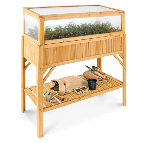 Arebos Hochbeet aus Holz mit Frühbeet-Aufsatz - Hochbeete-Kit mit praktischem Frühbeet-Aufsatz für Garten, Balkon und Terrasse. Schützt Pflanzen vor Witterung und Schädlingen, optimiert Anbausaison und bietet ergonomisches Gärtnern.