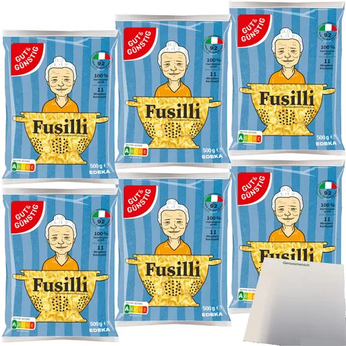 Gut&Günstig Nudeln Fusilli Pasta aus Italien 6er Pack 6x500g Packung usy Block