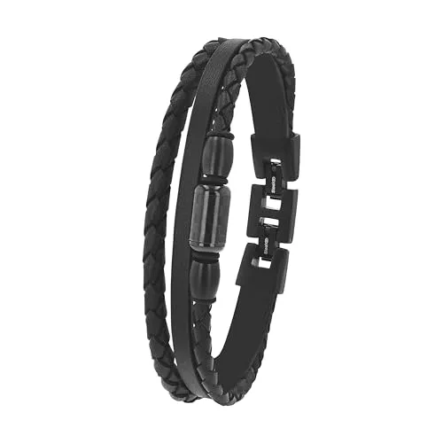 Tom Tailor Herrenarmband aus Edelstahl, Carbon und Leder, 20,5+1,5 cm, Schwarz