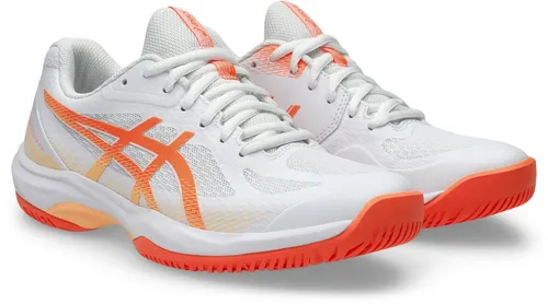 ASICS COURT HUNTER FF Hallenschuh, Gr. 42, weiß-vivid coral - Sneaker für Badminton und Squash mit ASICS GEL™-Technologie für optimale Dämpfung und hohen Tragekomfort, ideal für sportliche Aktivitäten.