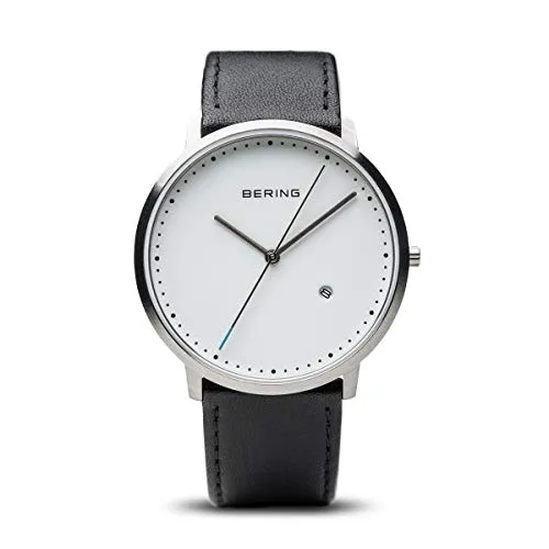 BERING Unisex Quarz Uhr | Armbanduhr 39 mm silbernes Edelstahlgehäuse und weißes Zifferblatt | Kalbslederarmband | Saphierglas | 3 ATM | 11139-404