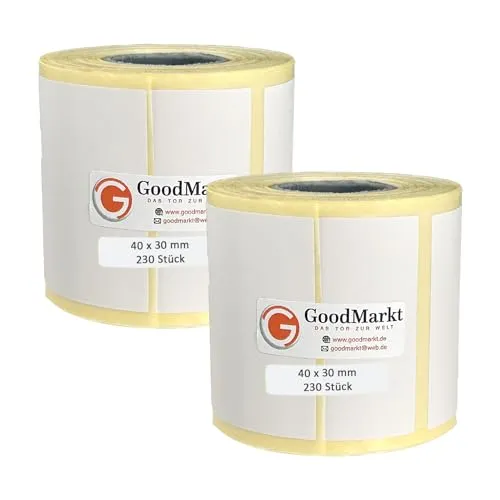GoodMarkt Thermodirekt Etiketten selbstklebend | 40x30 mm 2 Rolle, weiß, 460 Etiketten | Kompatibel mit Brother, Zebra | Haushaltsetiketten, Barcodeetiketten, Marmeladenetiketten