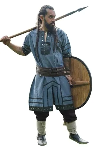 Leonardo Carbone® Wikinger Tunika Rollo - Kurzarm Mittelalter Hemd für Herren - Herrenhemden aus 100% Baumwolle mit Leder-Applikationen, ideal für Mittelalterfeste und LARP-Events, sorgt für einen authentischen Wikinger-Look und hohen Tragekomfort.