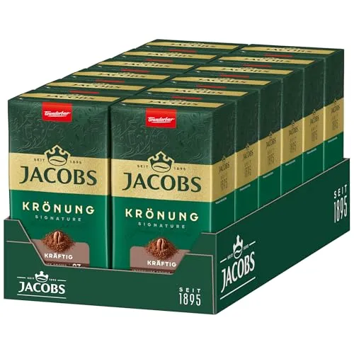 JACOBS Filterkaffee Krönung Kräftig - 12 x 500 g - Dunkel gerösteter gemahlener Kaffee, ideal für kräftigen Genuss. Perfekt für Kaffeeliebhaber, die Wert auf Qualität und Geschmack legen.