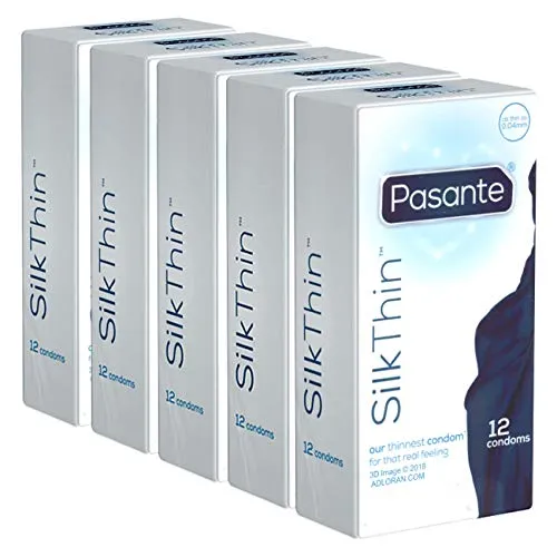 Pasante Silk Thin 5x12 (60 superdünne Kondome), extrem dünne Wandstärke für intensiveres Empfinden, Eco-Pack