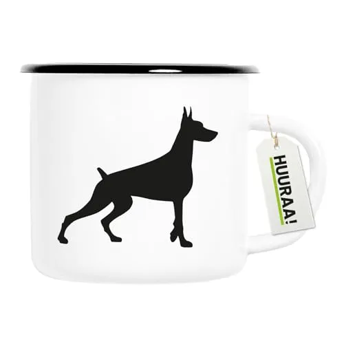 Huuraa Emaille Tasse Dobermann Silhouette Geschenk 300ml Vintage Emaille Becher Dobermann Geschenkidee