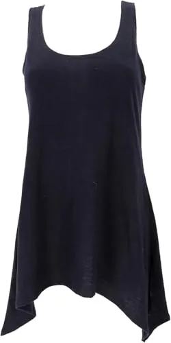 GURU SHOP Schlichtes Natürliches Boho Festival Minikleid - Schwarz - Freizeitkleid für Damen aus weicher, elastischer Baumwolle, ideal für Festivals und entspannte Tage.