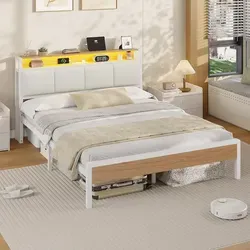 KIMENICH Polsterbett 140 x 200cm, Bett mit LED-Beleuchtung und Ladestation, Weiß - Weiß