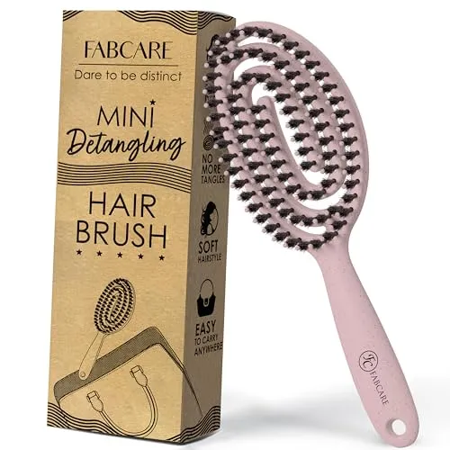FABCARE Mini Haarbürste Wildschweinborsten Detangler-Bürste Doppelfeder Spiralfeder Kein Ziehen Pro Magic Tool Kompakt Elegant (Rosa)