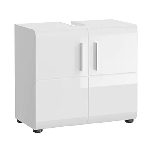 möbelando Waschbeckenunterschrank Ice - Hochglanz Weiß mit 2 Türen - Unterschrank fürs Bad mit eleganter Hochglanzfront und FSC-zertifiziertem Holzwerkstoff für Nachhaltigkeit. Pflegeleichte Oberfläche und einfache Montage machen ihn ideal für jedes Badezimmer.